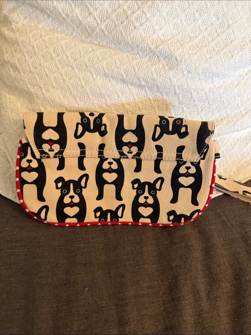 bungalow 360 Beige Wristlet with Black Dog Print and Red Trim